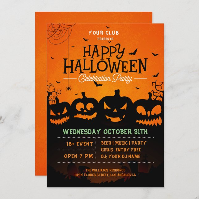 Black halloween pumpkins spiders and bats invite (Front/Back)