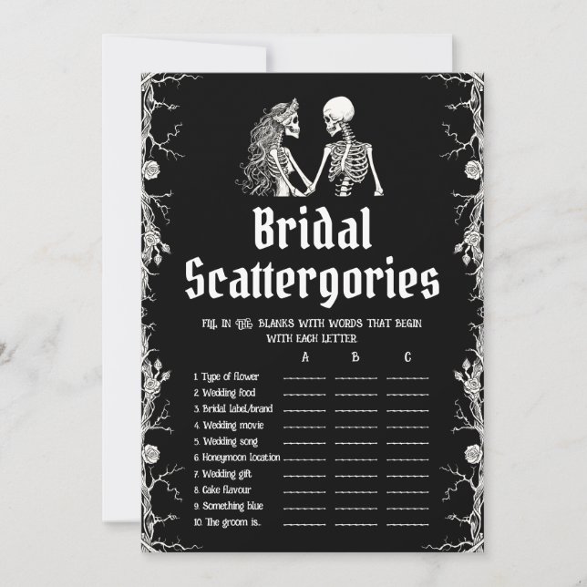 Black Halloween Skeleton Bridal Scattergories Game Invitation (Front)
