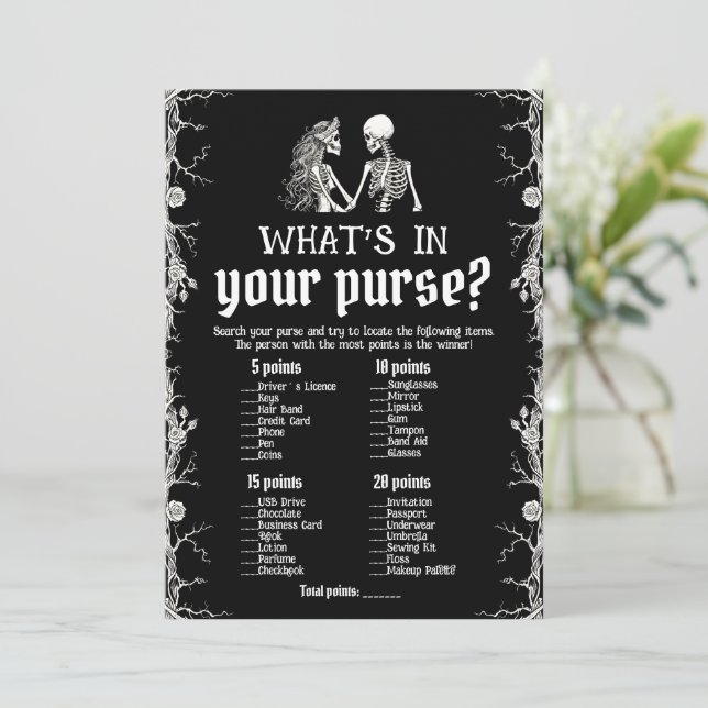 Black Halloween Skeleton What's In Your Purse Game Invitation (Standing Front)