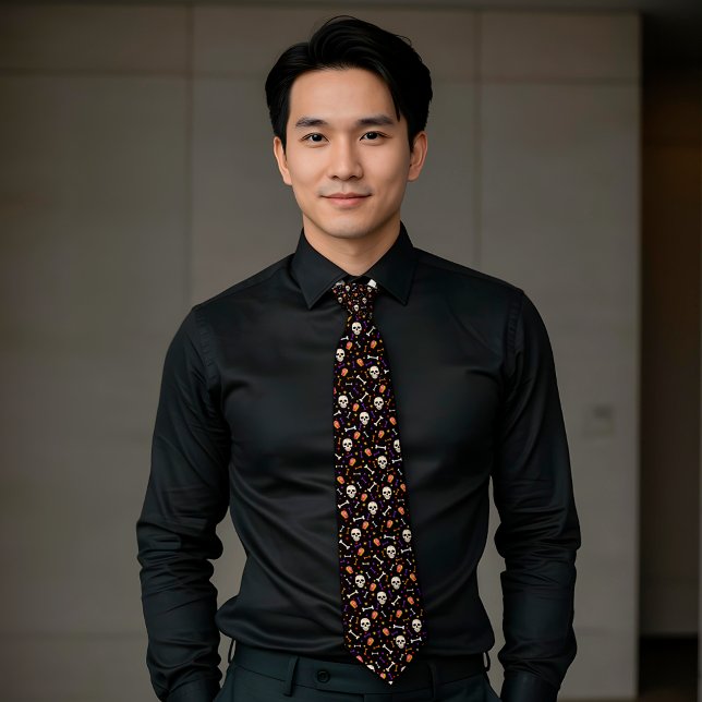 Black Halloween Skull Bone Coffin Pattern  Tie (Creator Uploaded)