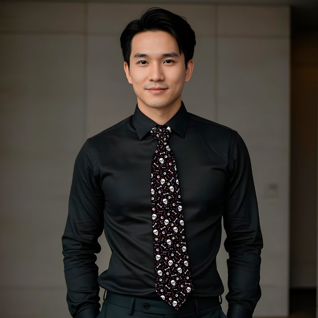 Black Halloween Skull Eyeballs Bones Pattern Tie (Creator Uploaded)