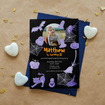 Black Halloween-themed birthday party invitation