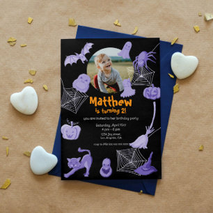 Black Halloween-themed birthday party invitation