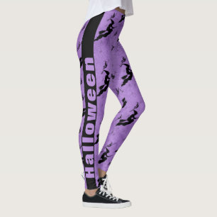 Black Halloween Witches Brooms Purple Pattern Leggings