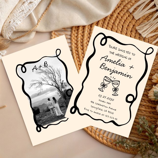 Black hand drawn champagne Whimsical Wedding  Invitation (Creator Uploaded)