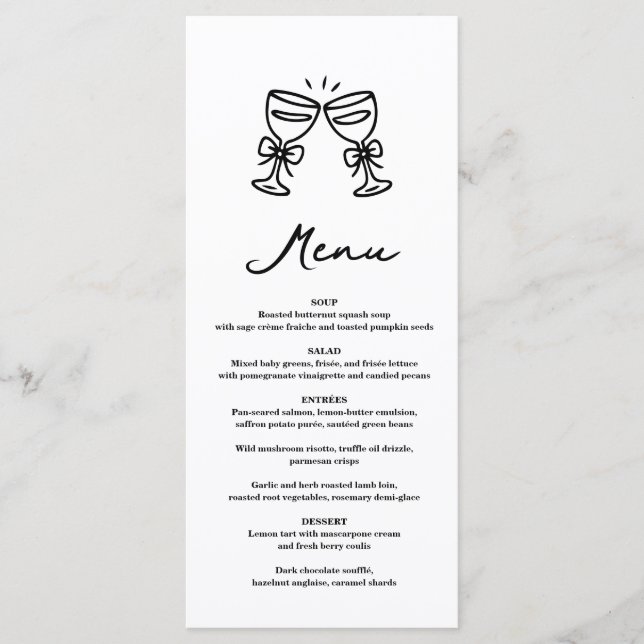 Black Hand Drawn Champagne Whimsical Wedding Menu (Front)
