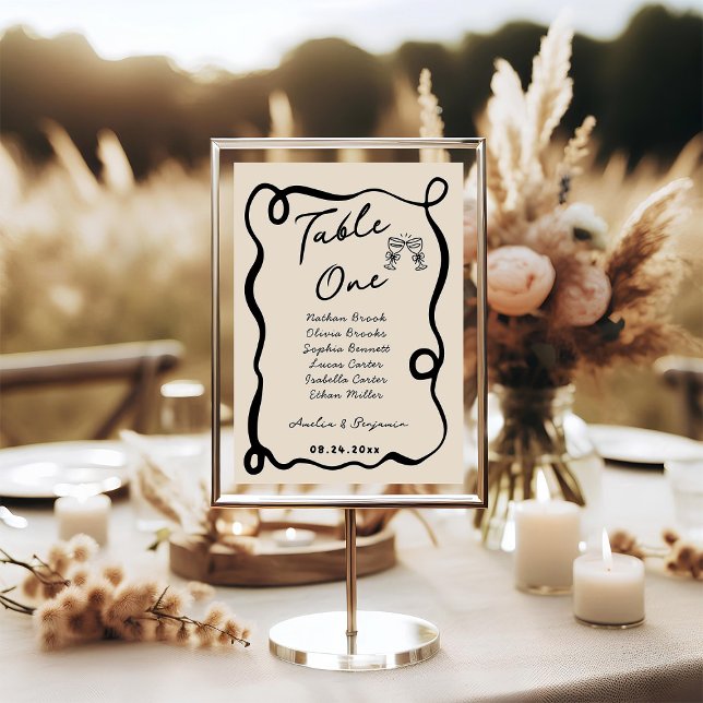 Black Hand Drawn Champagne Whimsical Wedding Table Number (Creator Uploaded)