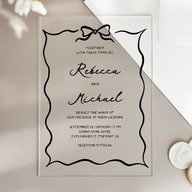 Black Hand Drawn Coquette Bow Wedding Acrylic Invitations (Creator Uploaded)