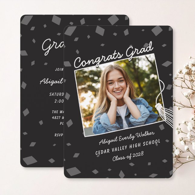 Black Hand Drawn Doodle Grad Invitation (black hand drawn graduate invitation and announcement card with photo)