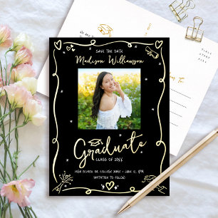Black Hand Drawn Doodle Graduation Photo Real Gold Foil Invitation Postcard