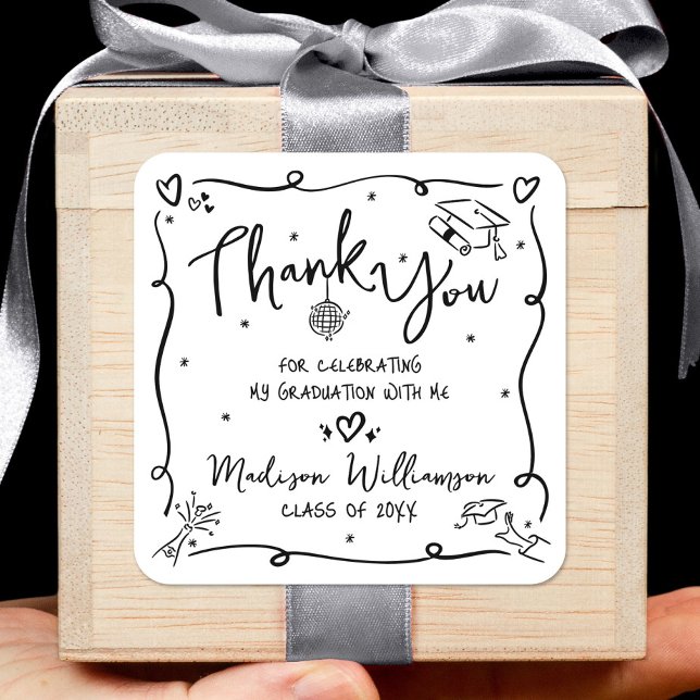 Black Hand Drawn Doodle Graduation Thank You White Square Sticker (Creator Uploaded)