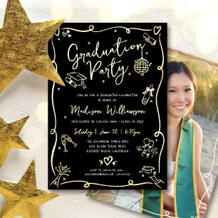 Black Hand Drawn Doodle Photo Grad Party Real Gold