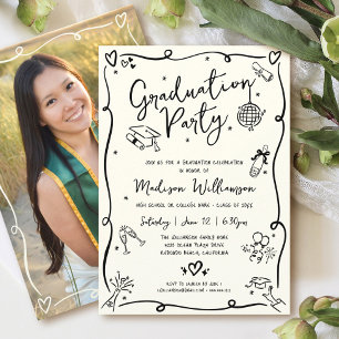 Black Hand Drawn Doodle Photo Graduate Party Cream Invitation