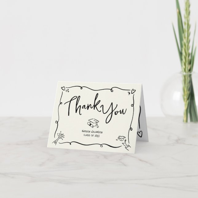 Black Hand Drawn Doodle Style Graduation Cream Fun Thank You Card (Front)