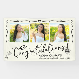 Black Hand Drawn Doodles Graduation 3 Photo Cream Banner