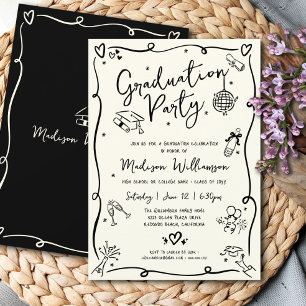 Black Hand Drawn Doodles Graduation Party Cream Invitation