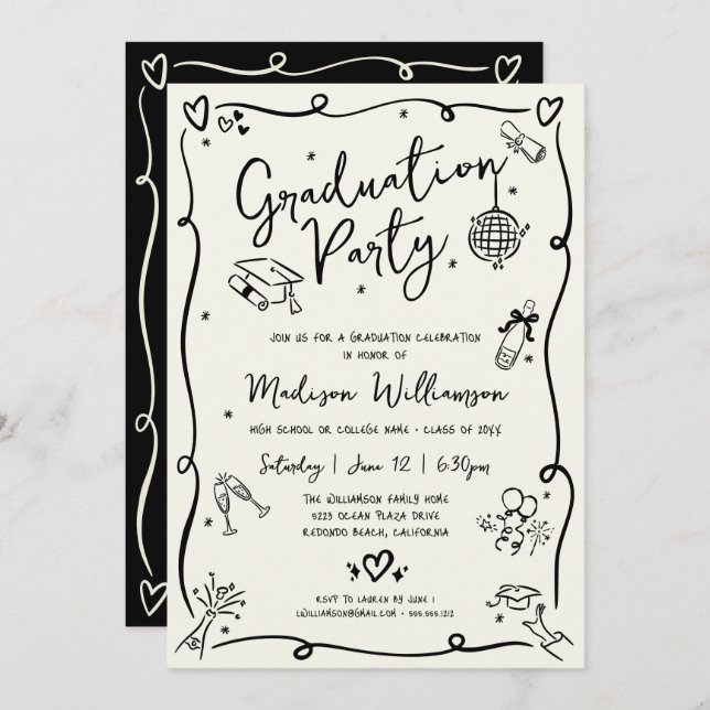 Black Hand Drawn Doodles Graduation Party Cream Invitation (Front/Back)