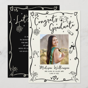 Black Hand Drawn Doodles Graduation Photo Cream Announcement