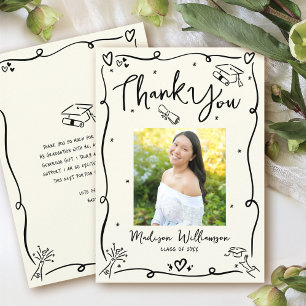 Black Hand Drawn Doodles Photo Graduation Cream Thank You Card