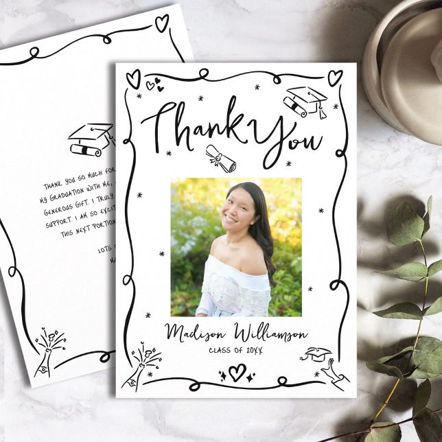  Black Hand Drawn Doodles Photo Graduation White Thank You Card (Creator Uploaded)