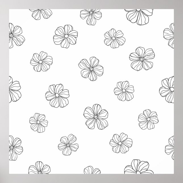 Black hand drawn flowers on white background. Seam Poster (Front)