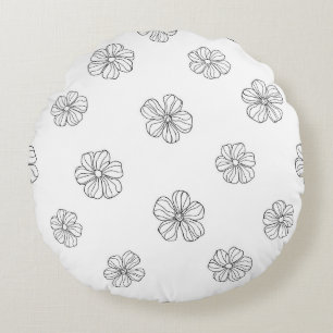 Black hand drawn flowers on white background. Seam Round Cushion