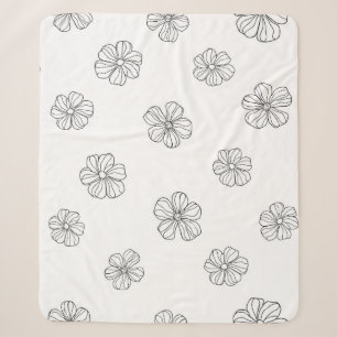 Black hand drawn flowers on white background. Seam Sherpa Blanket