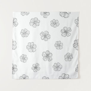 Black hand drawn flowers on white background. Seam Tapestry