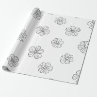 Black hand drawn flowers on white background. Seam