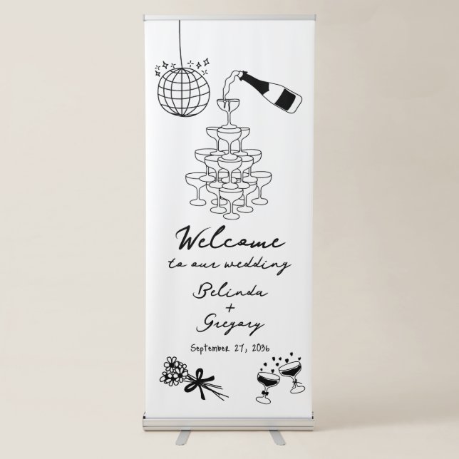 Black Hand Drawn Illustrations Doodles Wedding Retractable Banner (Front)