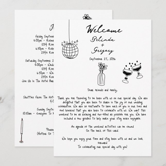 Black Hand Drawn Illustrations Wedding Itinerary (Front/Back)
