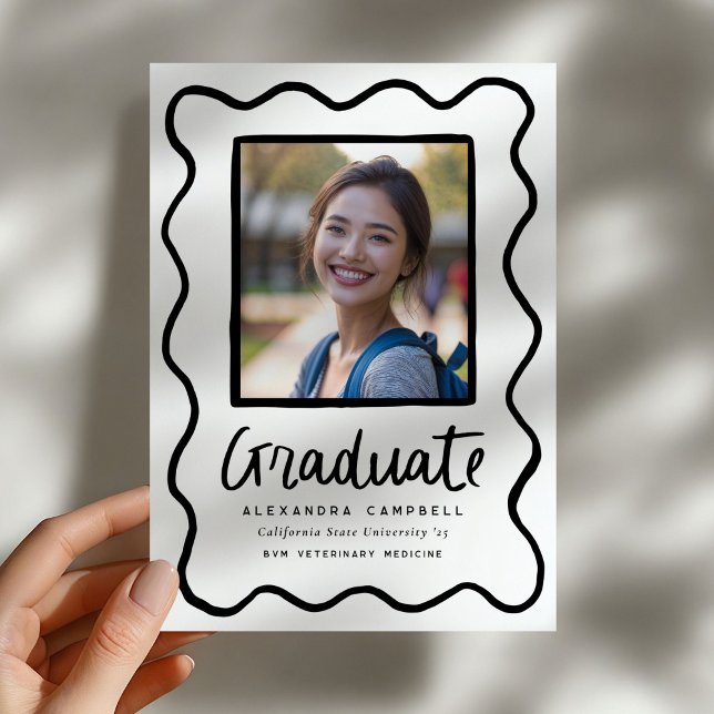 Black Hand Drawn Squiggle Graduation Photo Announcement (black and white squiggle graduation photo announcement)