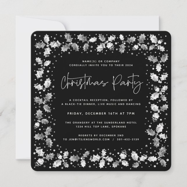 Black Hand Printed Holly+Berries Christmas Party Invitation (Front)