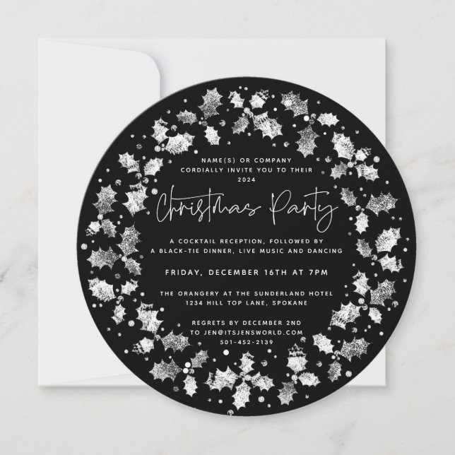 Black Hand Printed Holly+Berries Christmas Party Invitation (Front)
