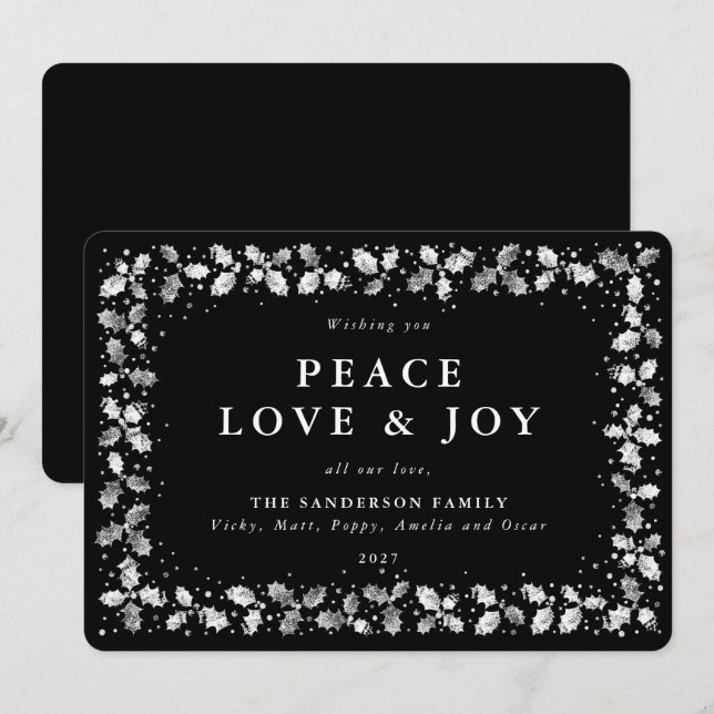 Black Hand Printed Holly Peace Love + Joy Holiday Card (Front/Back)