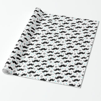 Black handlebar moustache and aqua stars little wrapping paper