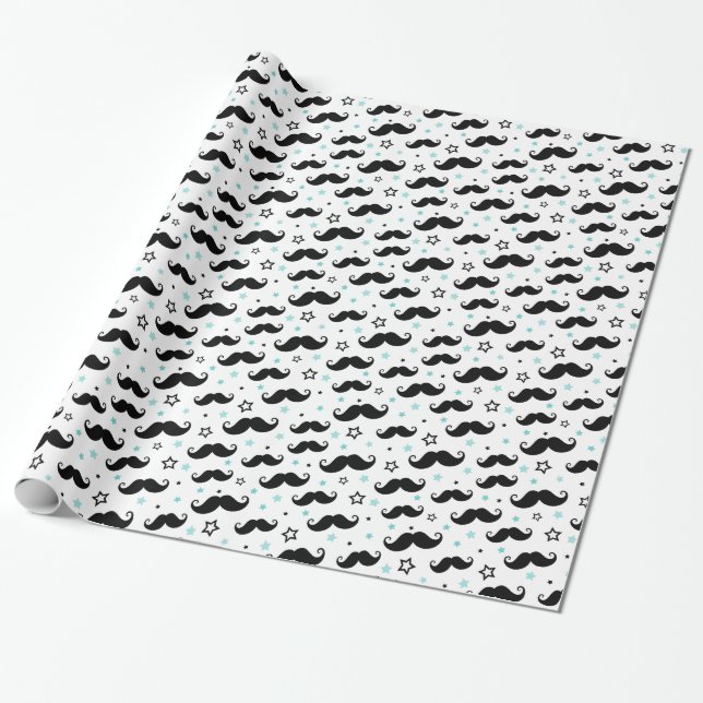 Black handlebar moustache and aqua stars little wrapping paper (Unrolled)