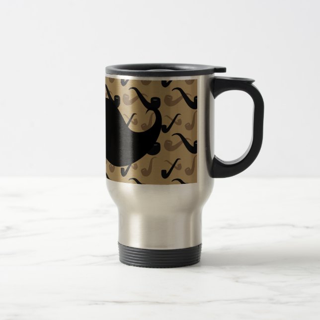 Black Handlebar Moustache on Pipe Pattern Travel Mug (Right)