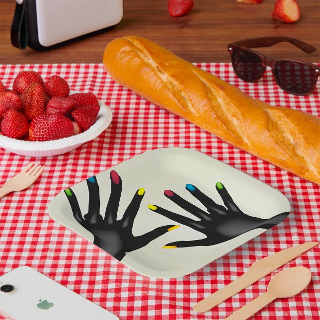 Black Hands with Colourful Nails Pop Art Paper Plate (Creator Uploaded)