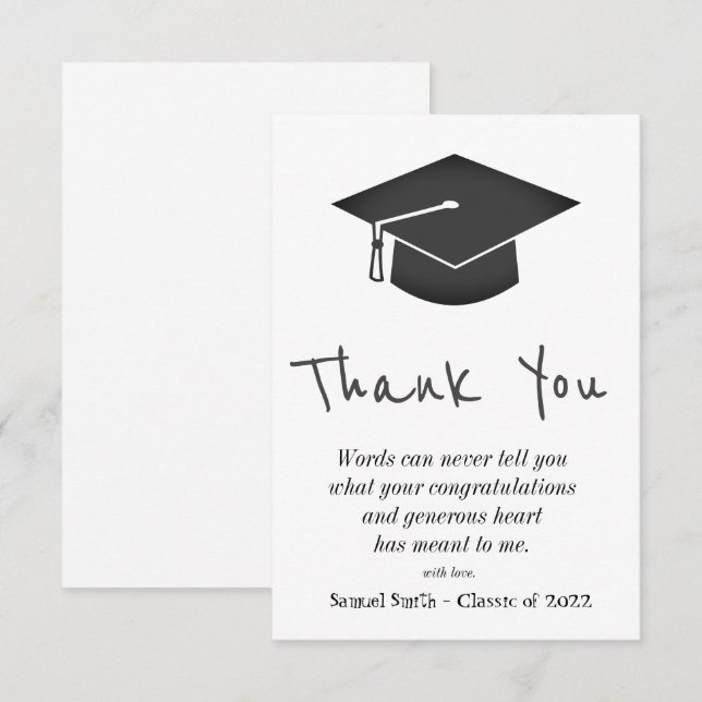 Black Handwriting Cap and Tassel Graduation   Thank You Card (Front/Back)