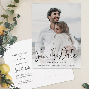 Black Handwriting Simple Photo Save the Date Announcement Postcard