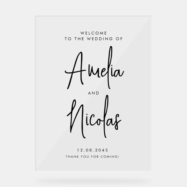 Black Handwritten Calligraphy Wedding Welcome Acrylic Sign (Front)