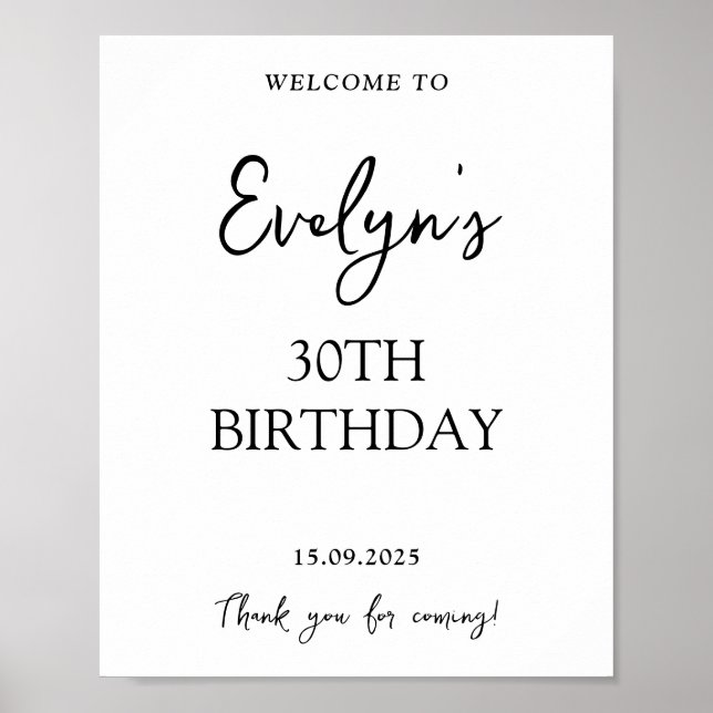 Black Handwritten Modern 30th Birthday Welcome Poster (Front)