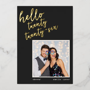 Black Handwritten New Year Photo Wedding Gold Foil Holiday Card