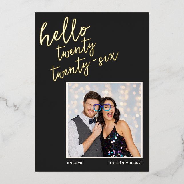 Black Handwritten New Year Photo Wedding Gold Foil Holiday Card (Front)