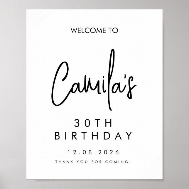 Black Handwritten Script 30th Birthday Welcome Poster (Front)
