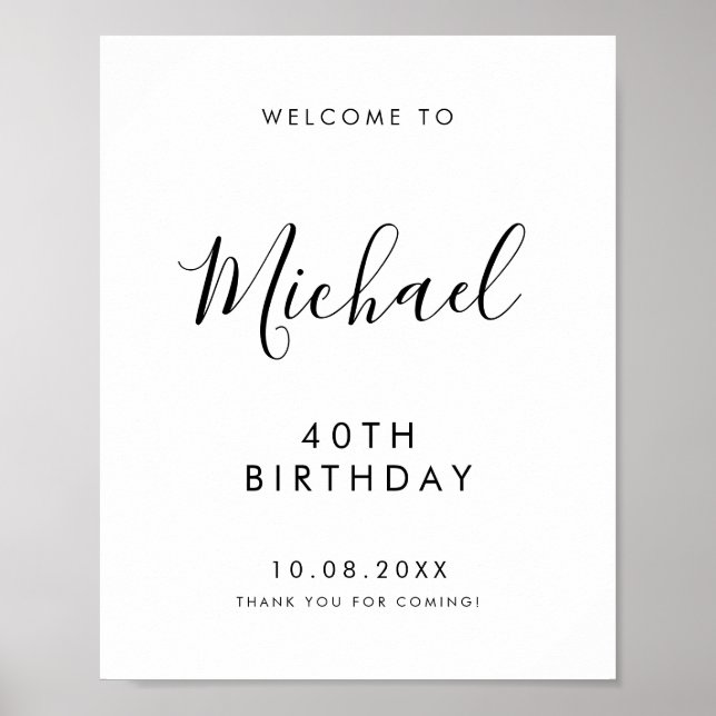 Black Handwritten Script 40th Birthday Welcome Poster (Front)