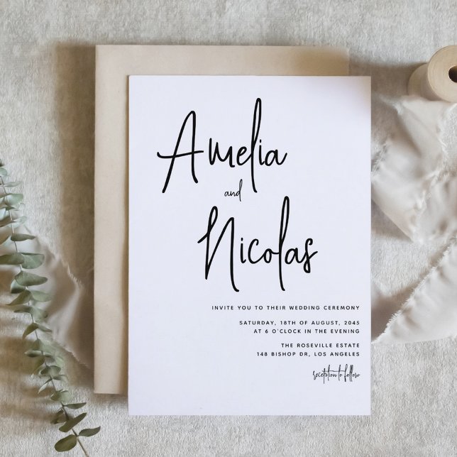 Black Handwritten Script Minimalist Wedding Invitation (Black and White Handwritten Script Minimalist Wedding Invitation)
