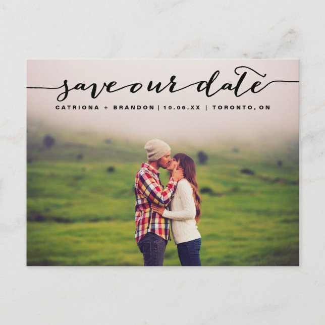 Black Handwritten Script Photo Save Our Date Announcement Postcard (Front)