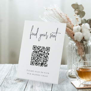 Black   Handwritten Script QR Code Wedding Seating Pedestal Sign